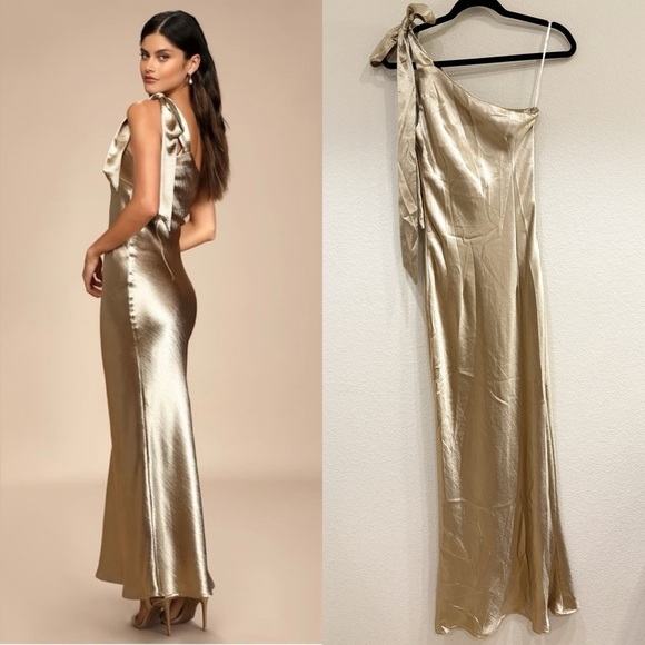NWOT Lulus Lavish Looks Gold Satin‎ One-Shoulder Tie-Strap Maxi Dress - Picture 5 of 9